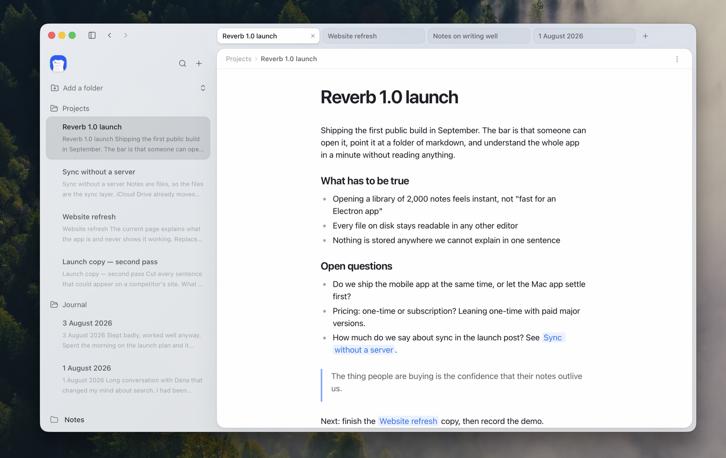 Reverb showing a note open beside the sidebar of notes